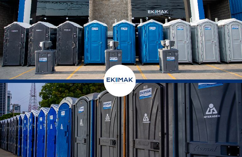 Layout de 4 imágenes con los tipos de baños de Ekimak servicio de sanidad portátil en Cartagena.