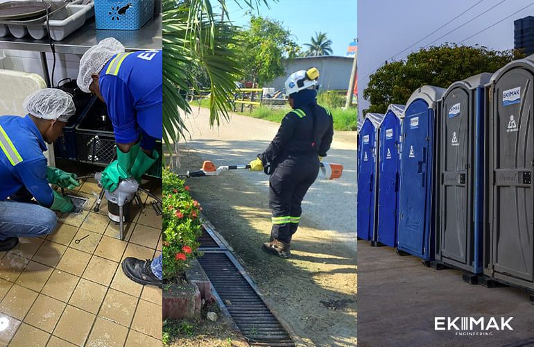 Equipo de Ekimak atendiendo mantenimiento hidrosanitario y sanidad portátil.